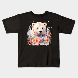 A polar bear decorated with beautiful watercolor flowers Kids T-Shirt